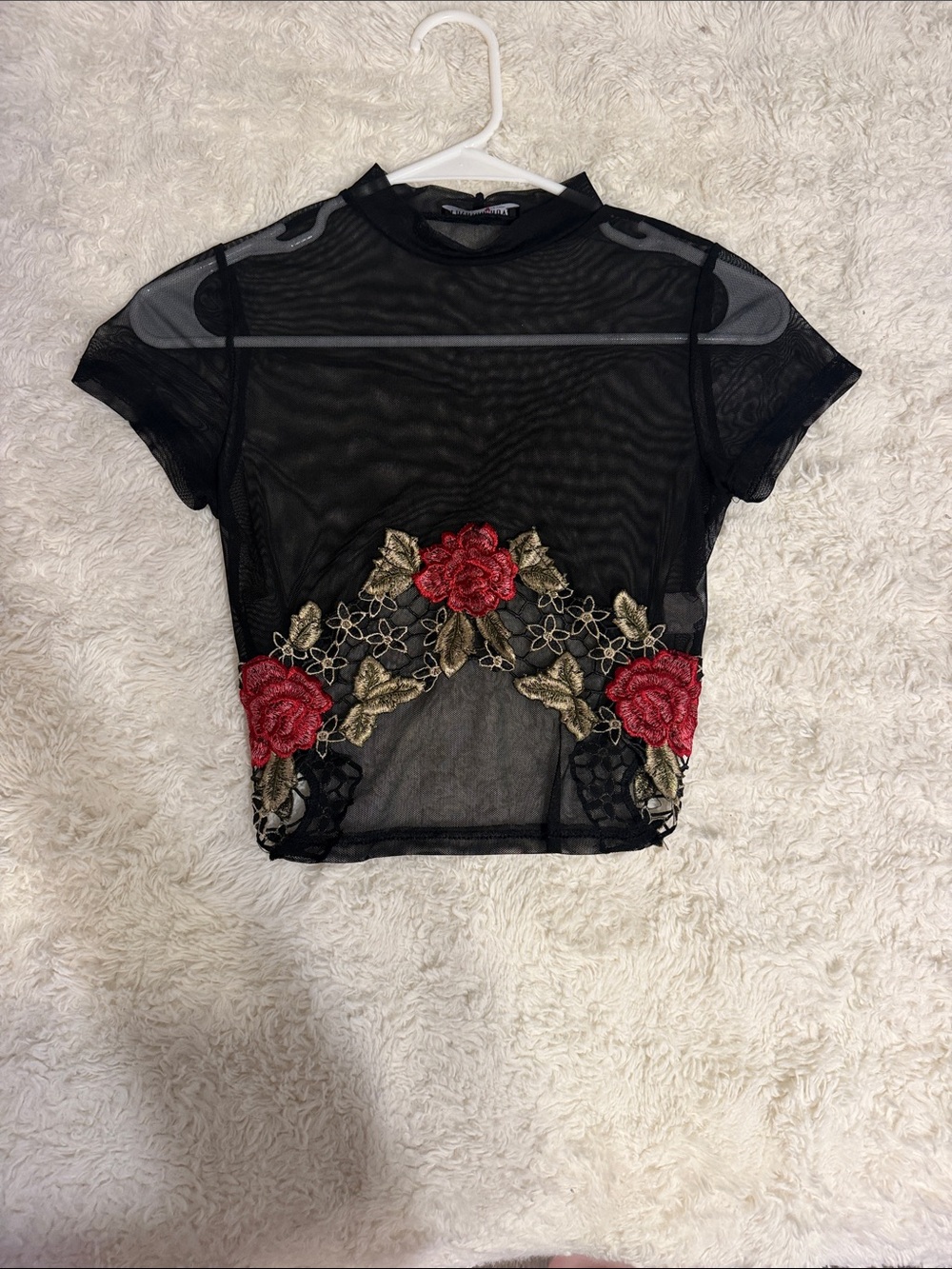 Fashion Nova Sheer Black Floral Embroidered Crop Top